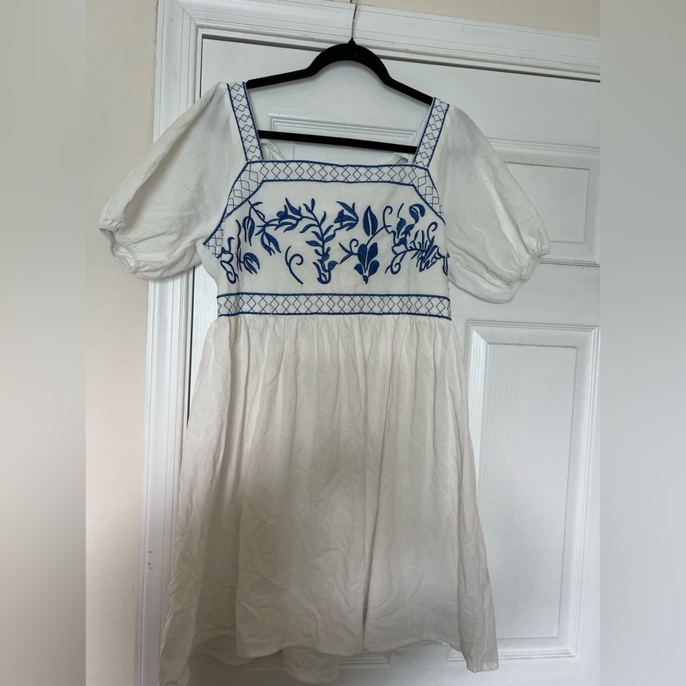 White Dress with Blue Embroidery